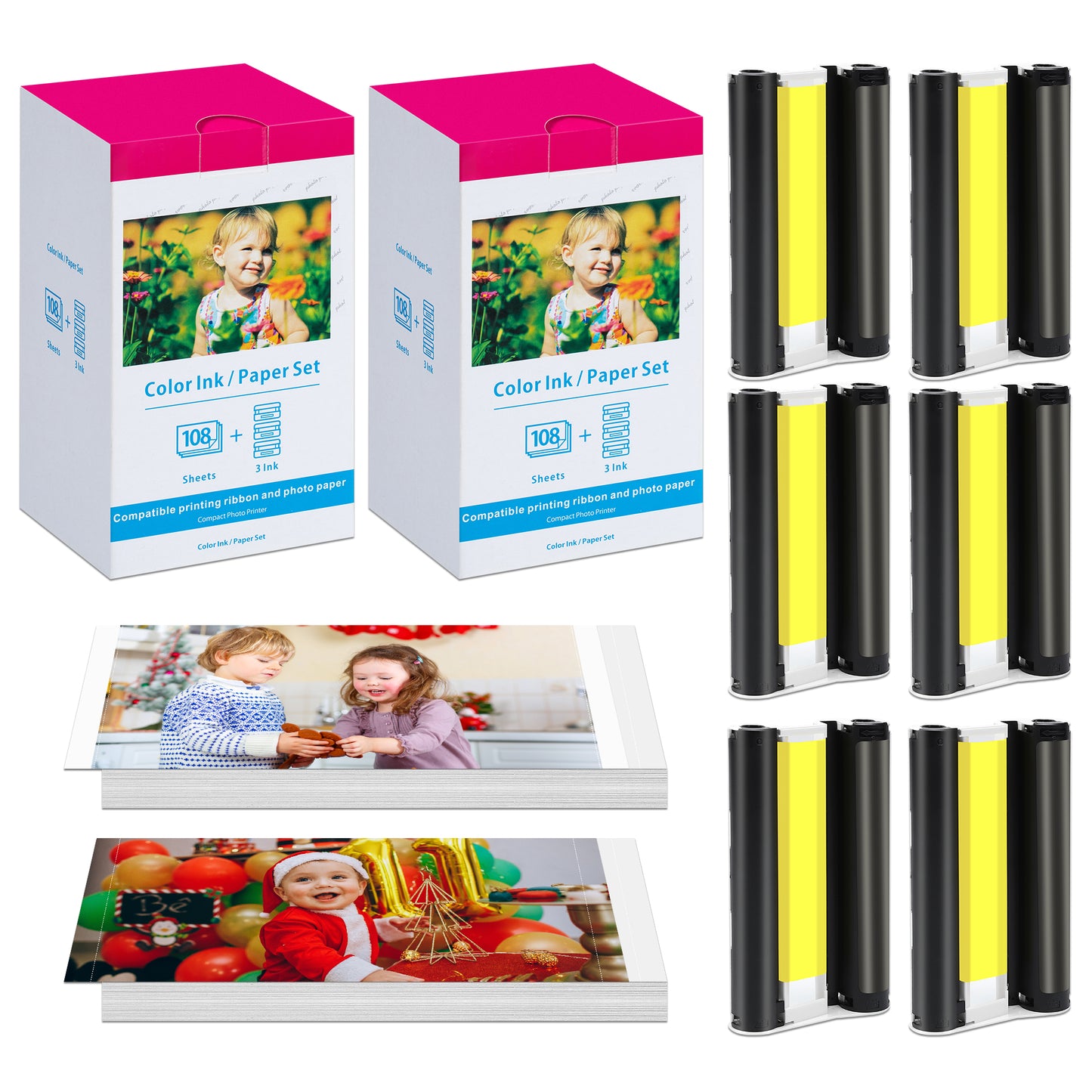 2 Pack Compatible Canon Selphy KP-108IN KP108 Ink and Photo Paper- Includes 6 Ink Toners + (4x6) 216 Ink Paper Sheets for Canon Selphy CP1300, CP1200, CP910, CP900, CP1000 Compact Photo Printers