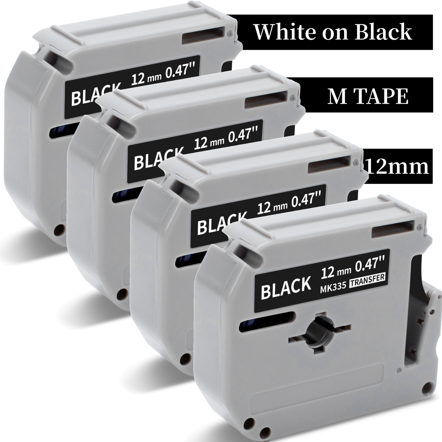 PTM95 White on Black Label Tape Replace for Brother P-Touch Label Tape 12mm 0.47 PTouch M Tape M-K335 MK335 for Brother Label Maker PT-M95 PT-70BM PT-90 PT-85 PT65 PT-45, 4 Pack