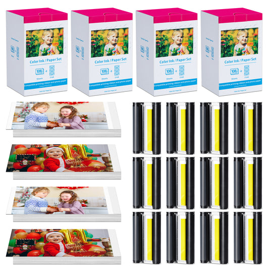 4 Pack Wonfoucs KP-108IN Ink Cassette Compatible CP1300 Ink and Paper for CP1500 CP1200 CP1000 CP910 CP900 CP810 CP780, KP108 12 Color Ink Cartridges and 432 Sheets 4x6 Photo Paper