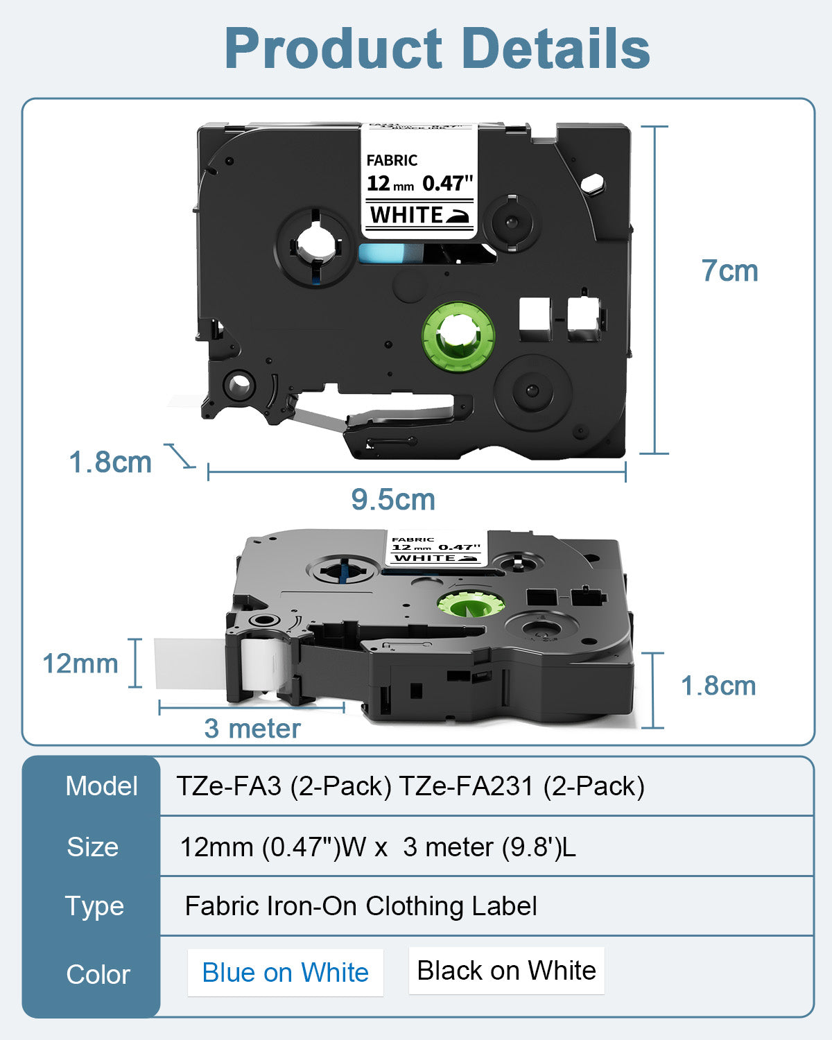 Fabric Iron on Label Tape Replace for Brother TZe-FA231 TZe-FA3 12mm 0.47" Clothing Labeling Tape Work with Brother Ptouch Label Maker PT-D220 PT-D210 PT-H110 PT-D200, Black/Blue on White, 4-Pack