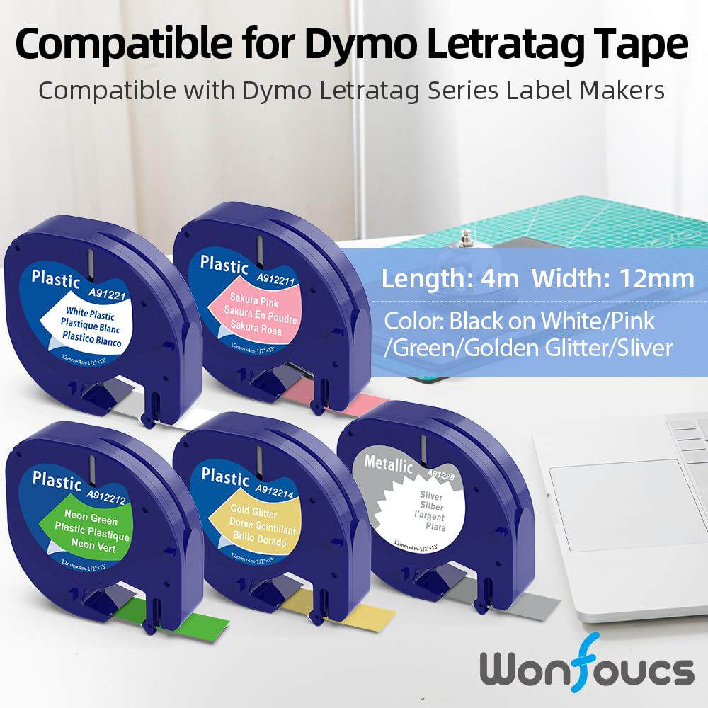 5x Nastro per Etichette Wonfoucs Compatibile con Dymo LetraTag Plastica 12mm x 4m Nero su bianco/rosa/verde/oro glitterato/argento per Dymo Letra Tag LT-110T LT-100H QX 50 XR XM 2000