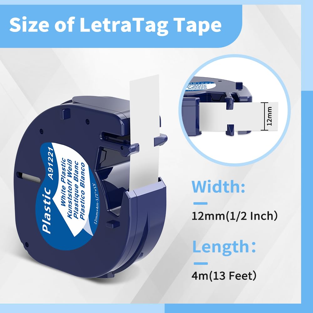 Wonfoucs 12mm x 4m Cintas de Etiquetas Compatible para Dymo LetraTag Cinta usar en lugar de Recambio Dymo LetraTag Plastico S0721610 Negro sobre Blanco para Dymo Letra Tag LT-100H LT-100T LT-110T XR
