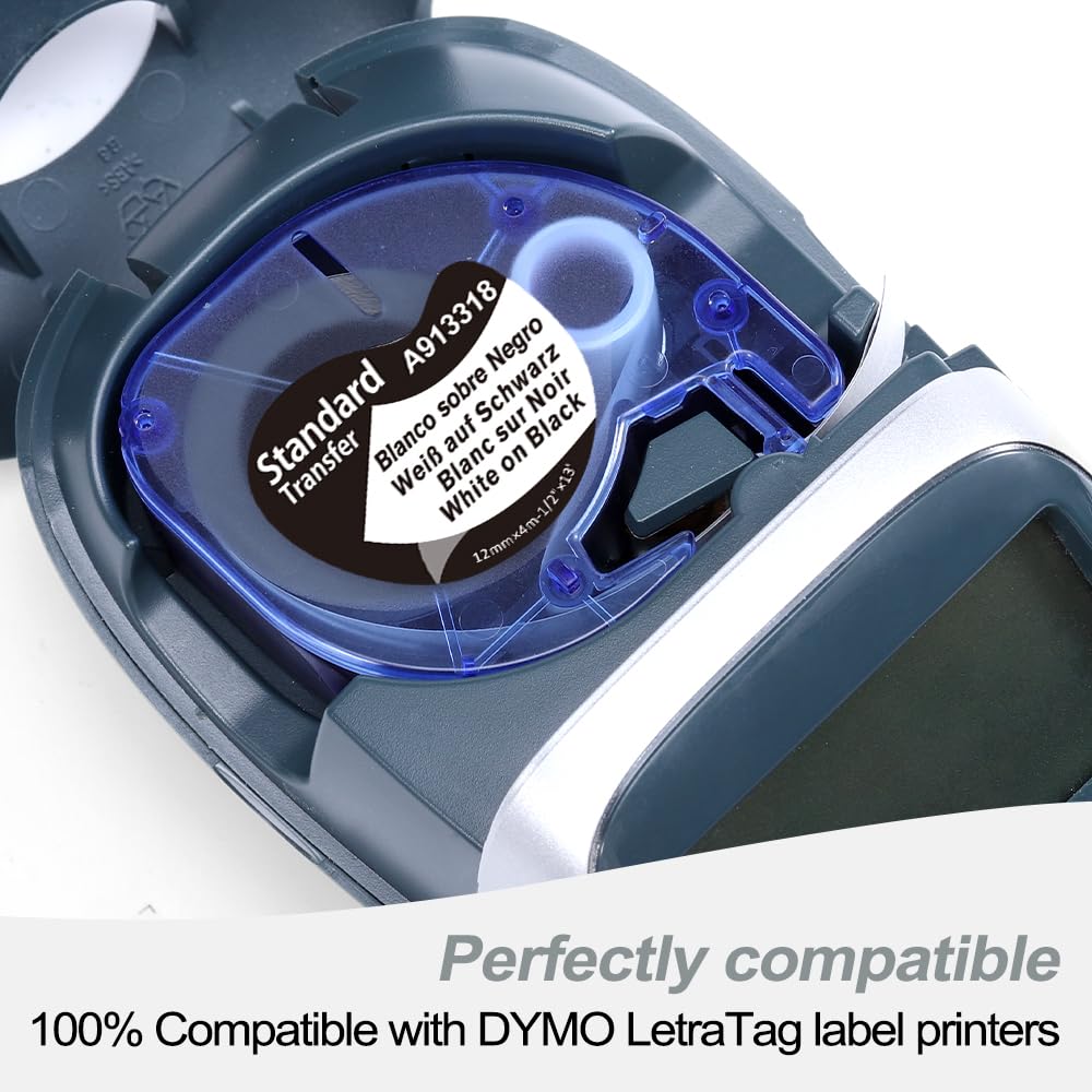 Wonfoucs Compatible with Dymo Letratag Label Tape White on Black 913318, Replacement for Dymo Plastic Label Tape for Dymo LT-100H LT-100T LT-110T 200B QX50 XR 2000 Label Maker Tape, 5-Pack