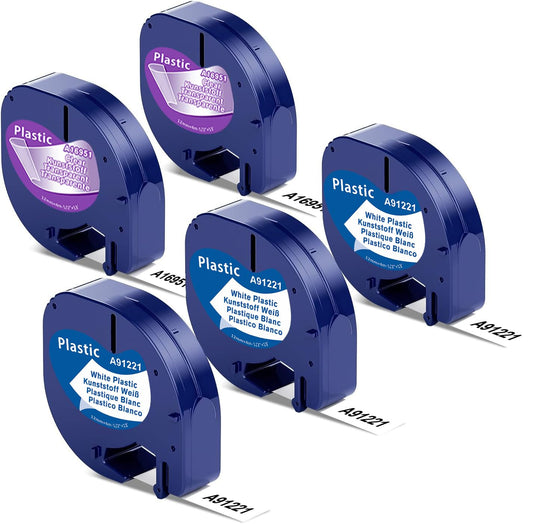 5X Wonfoucs Letratag Label Tape Compatible with Dymo Letratag Label Tape 12mm x 4m, Refills LetraTag 91221 12267 Black on Clear/White Tape for Dymo LetraTag LT-100H LT-100T LT-110T QX50 XR 2000