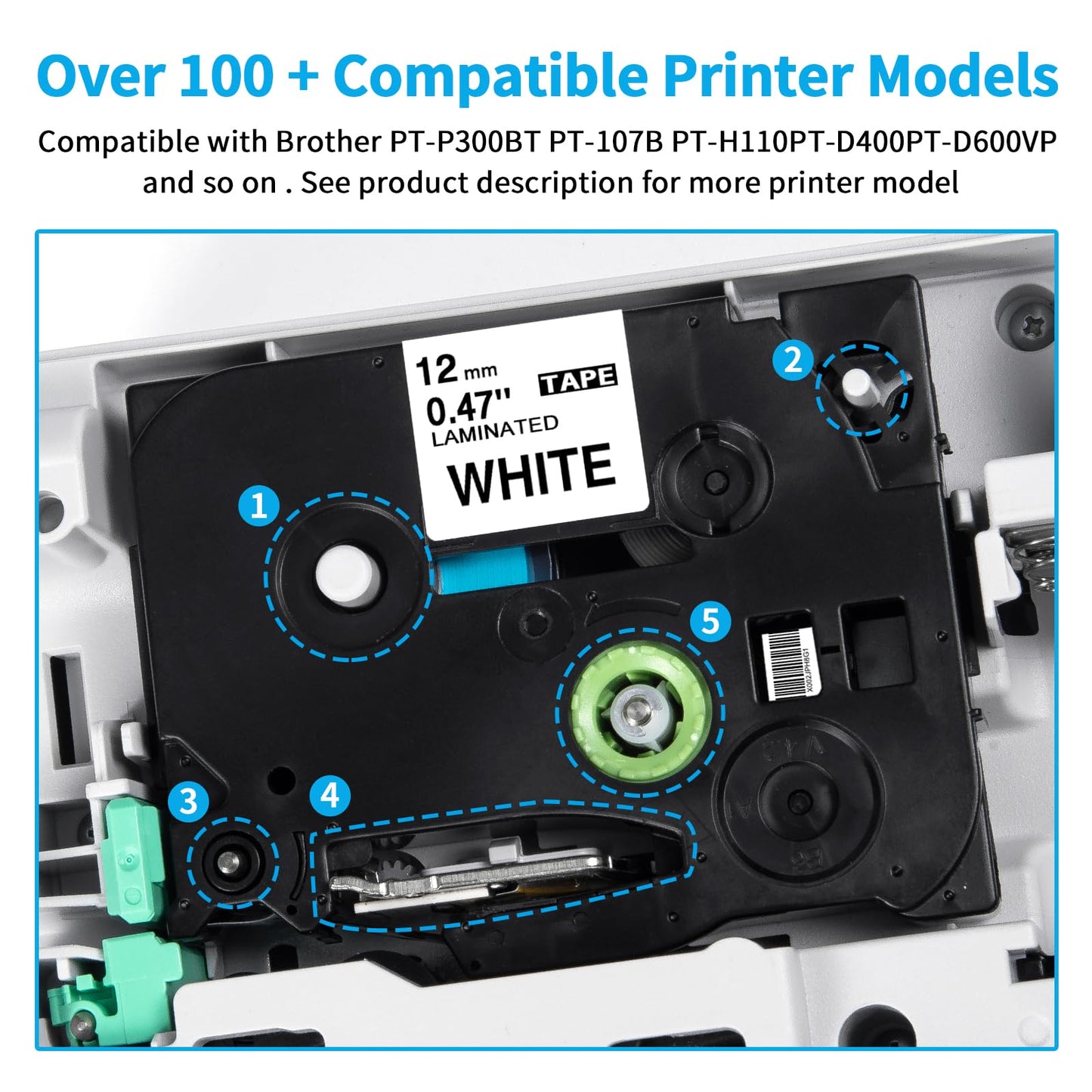 5 x Wonfoucs Kompatibel mit Brother P Touch Bänder 12mm TZe-231 TZe231 TZ-231 Tz Tape 12mm 0.47 White Schriftband für P Touch PT-H100R PT-H105 PT-H100LB PTH110 H107B PTD400 D210 E100 D600VP 1000