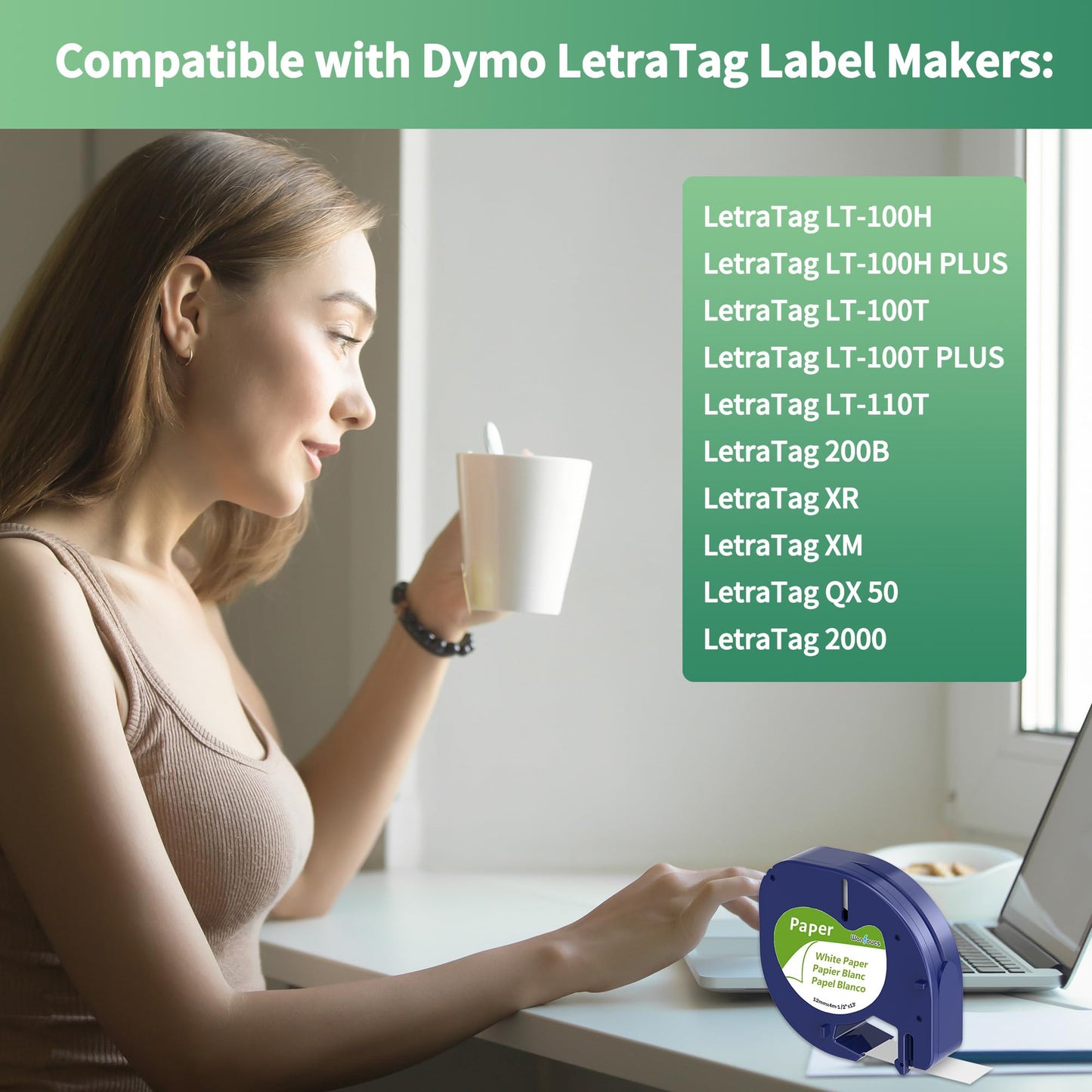 12-Pack Paper Label Maker Paper Tape Compatible for Dymo Letratag Refills 12mm x 4m 1/2'' x 13' Self-Adhesive White Paper Label, 91330 10697 Compatible for Dymo Letratag LT-100H LT-100T LT-200B QX50