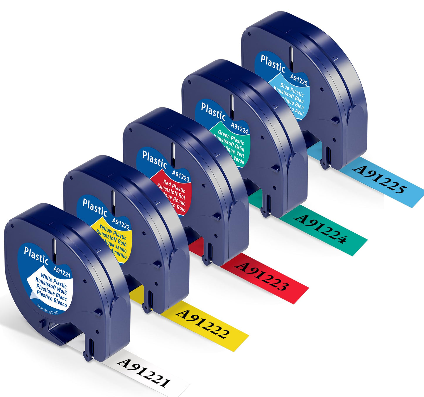 Wonfoucs kompatible für Dymo LetraTag Etikettenband 12mm x 4m als Ersatz für Dymo Etikettenband Bänder 91221-91225 für Schriftband Dymo LetraTag LT-100H LT-110T XR 2000, Weiß/Rot/Gelb/Blau/Grün