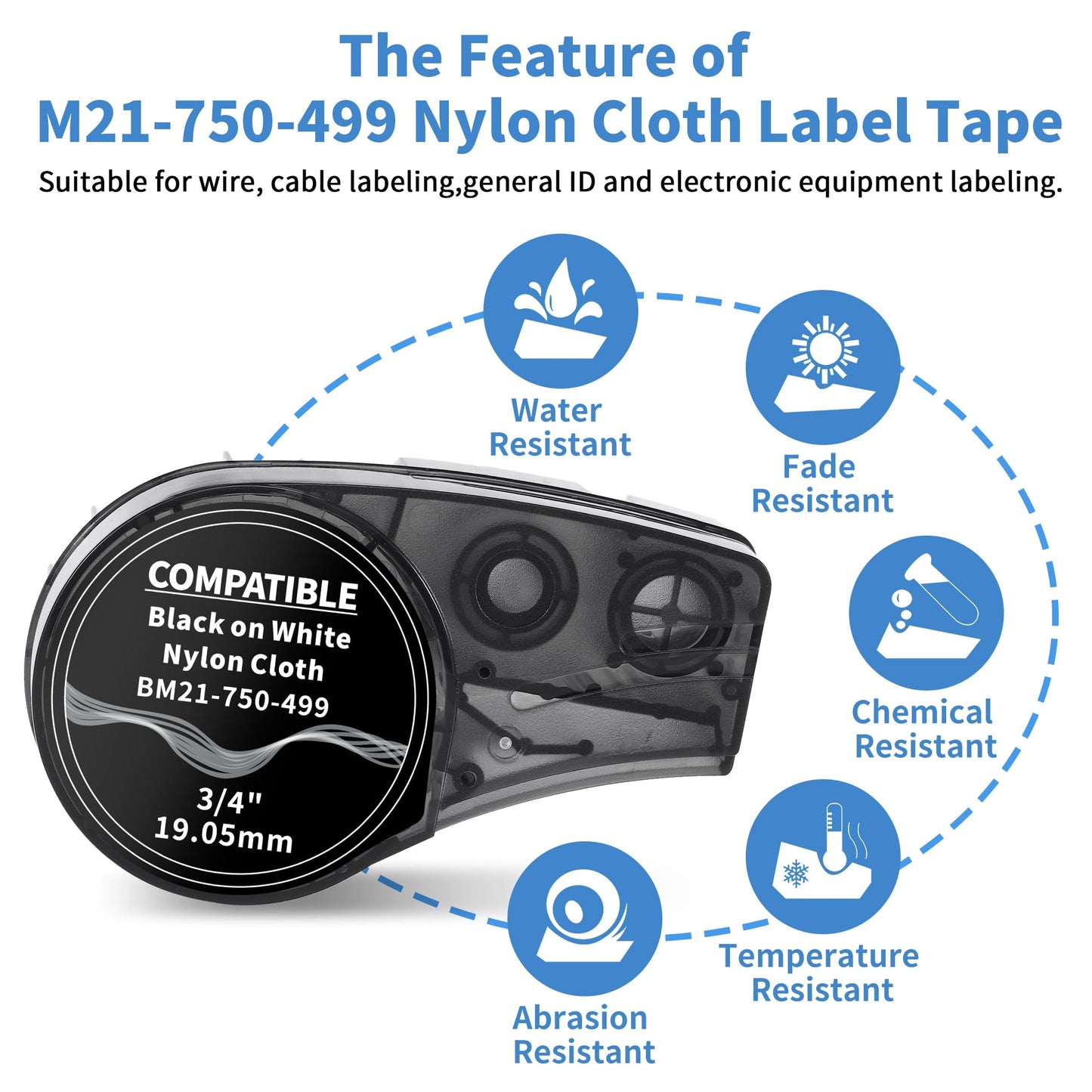 Wonfoucs Compatible Label Tape Replacememt for M21-750-499 Cartridge 3/4 inches Nylon Labels Tape, Multi-Purpose Nylon Cloth Film Label Cartridge for Wire/Cable Marking, 0.75'' Width, 4-Pack