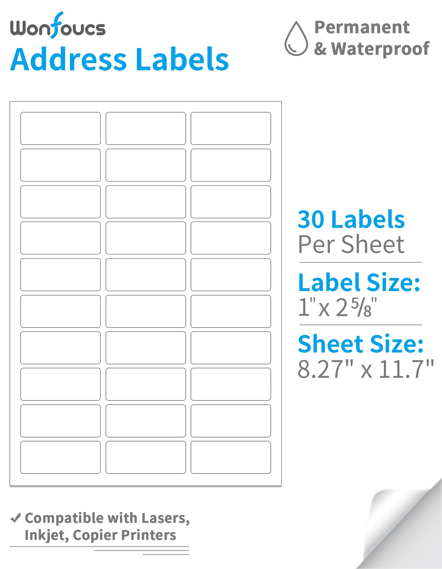 Wonfoucs Easy Peel Printable Mailing Address Labels, 1" x 2-5/8", White, 3000 Labels(100 Sheets), Blank Mailing Labels for Laser/Inkjet/Copier Printer,Permanent Adhesive Name Labels, FBA Labels